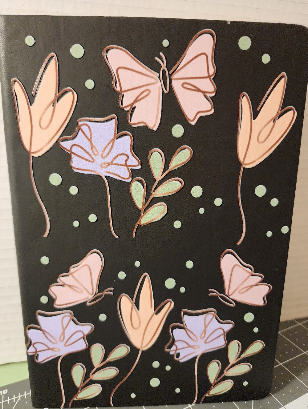 Floral & Butterfly Black Notebook with Pastel Accents